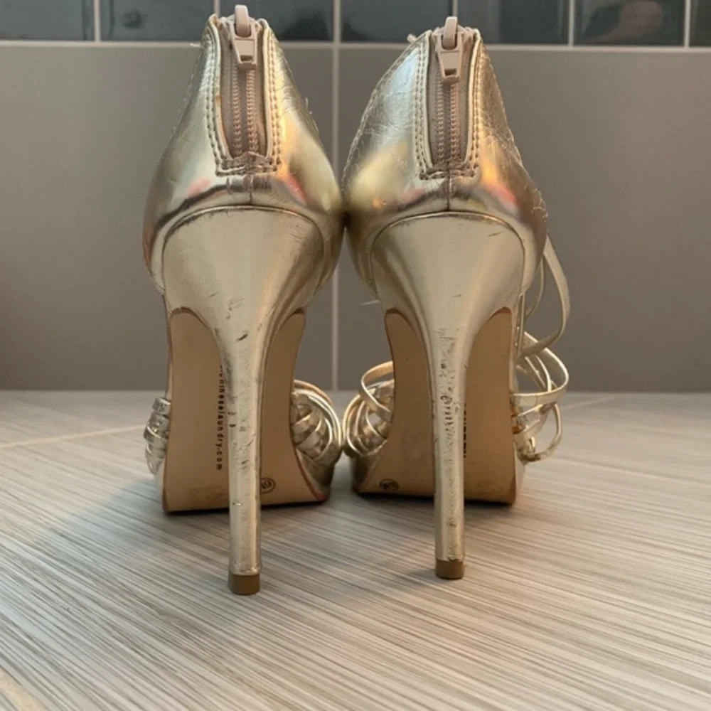 Chinese Laundry gold strappy platform heels